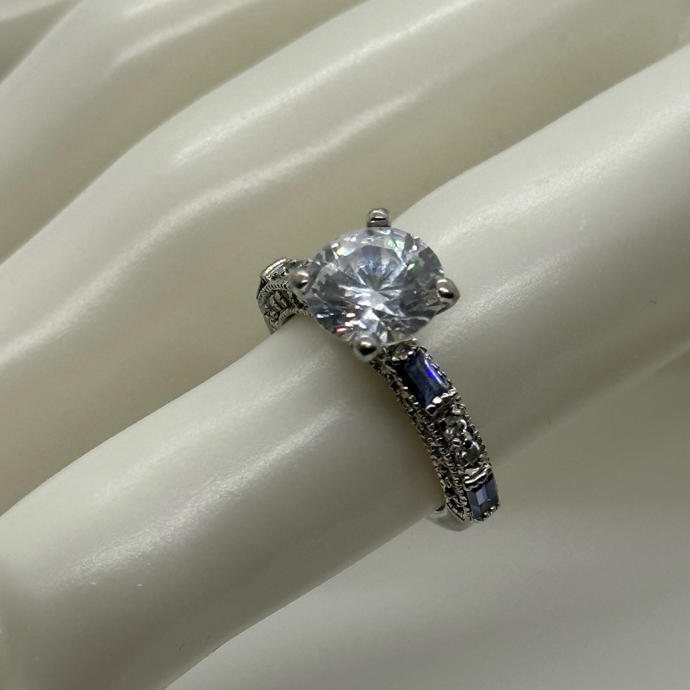 Engagement Cocktail Ring CZ and Blue Stones Sterling Silver - Picture 3 of 13